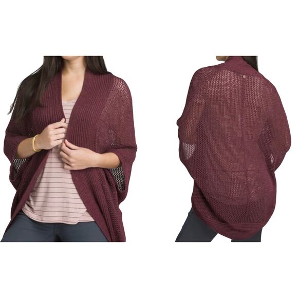 PRANA Lima Cocoon Open-Weave Mesh Knit Cardigan Black Cherry Boho Oversized Sz M - Picture 1 of 5